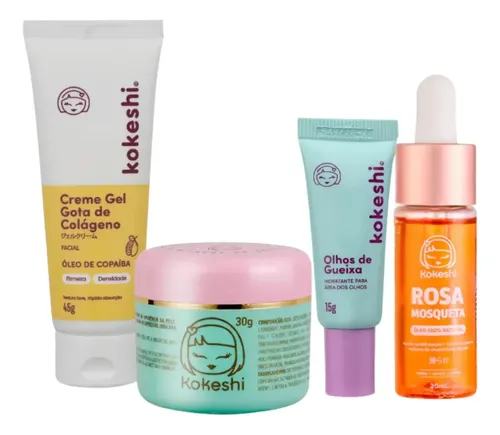 Kit kokeshi completo: gel gota de colágeno, hidratante pele de porcelana, hidratante olhos de gueixa, óleo rosa mosqueta
