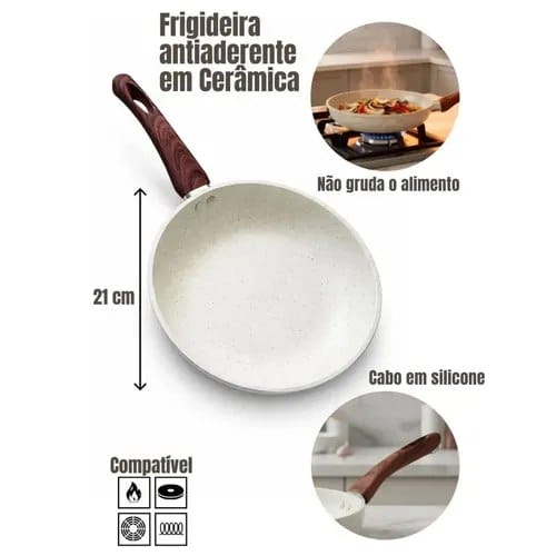 Frigideira Cerâmica Antiaderente Fogão Cooktop Indução Gás Bege